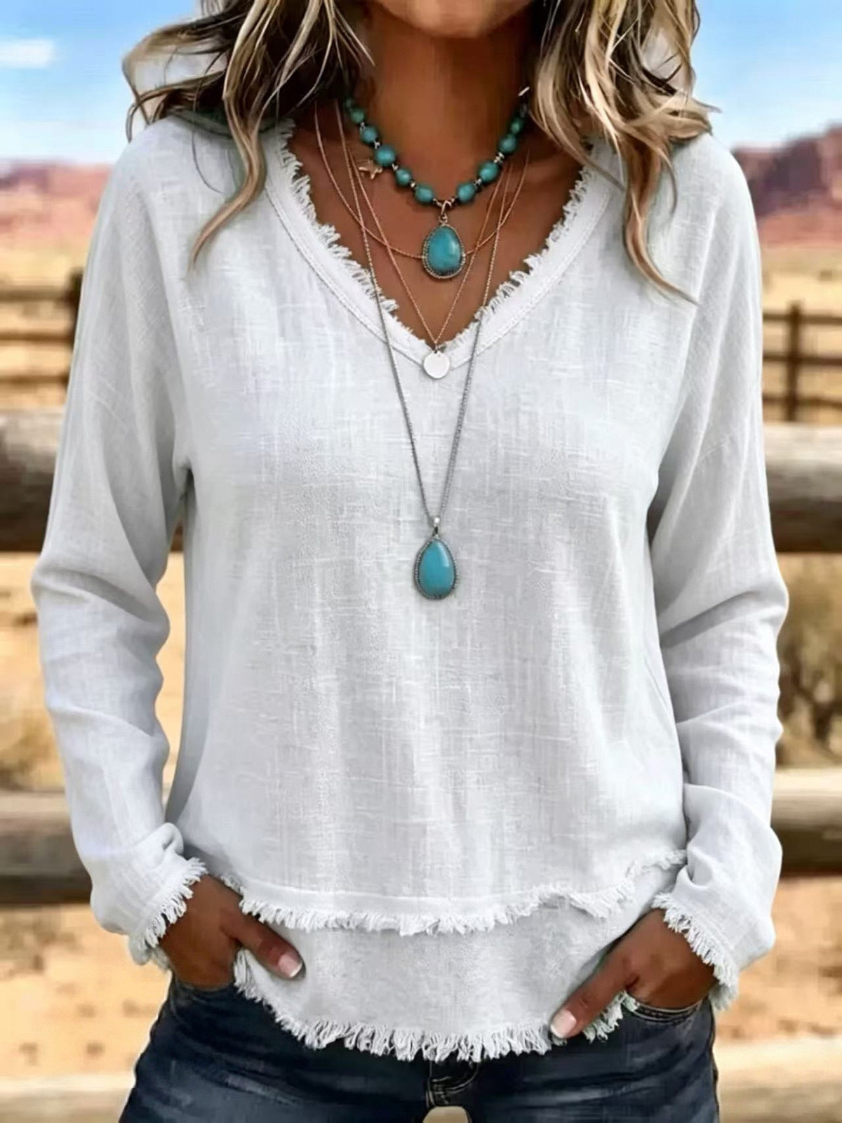 Margot Ainsley | Frayed V-Neck Long Sleeve Top