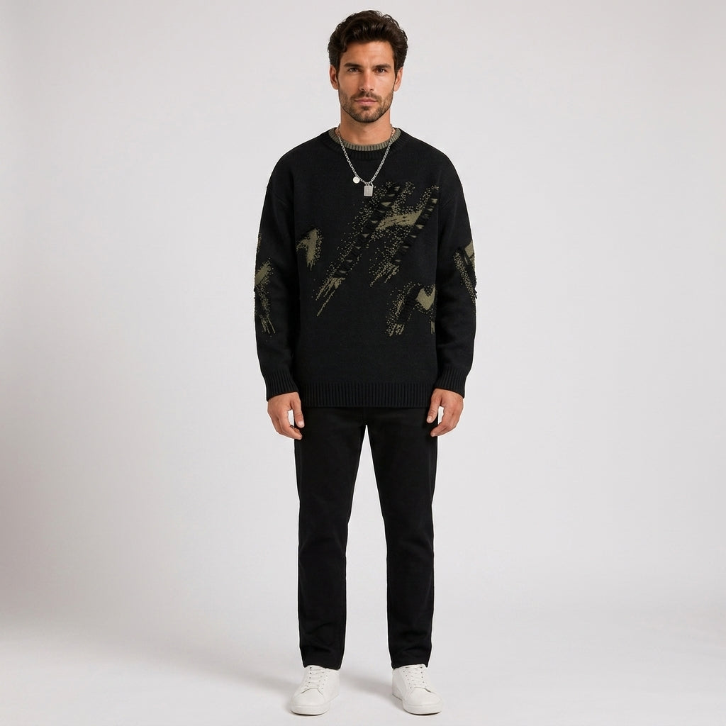 Angus Jones | Distressed Knit Crew Neck Sweater - Black