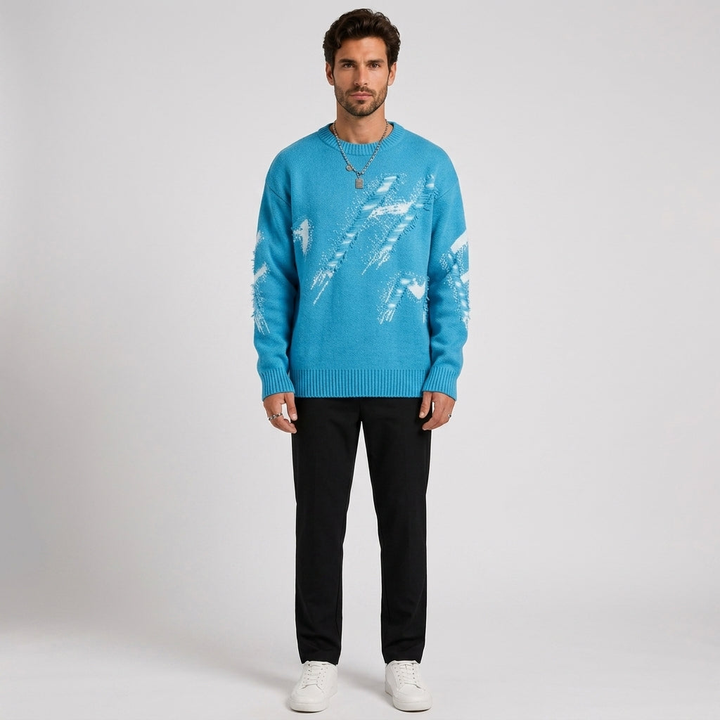 Angus Jones | Distressed Knit Crew Neck Sweater - Blue