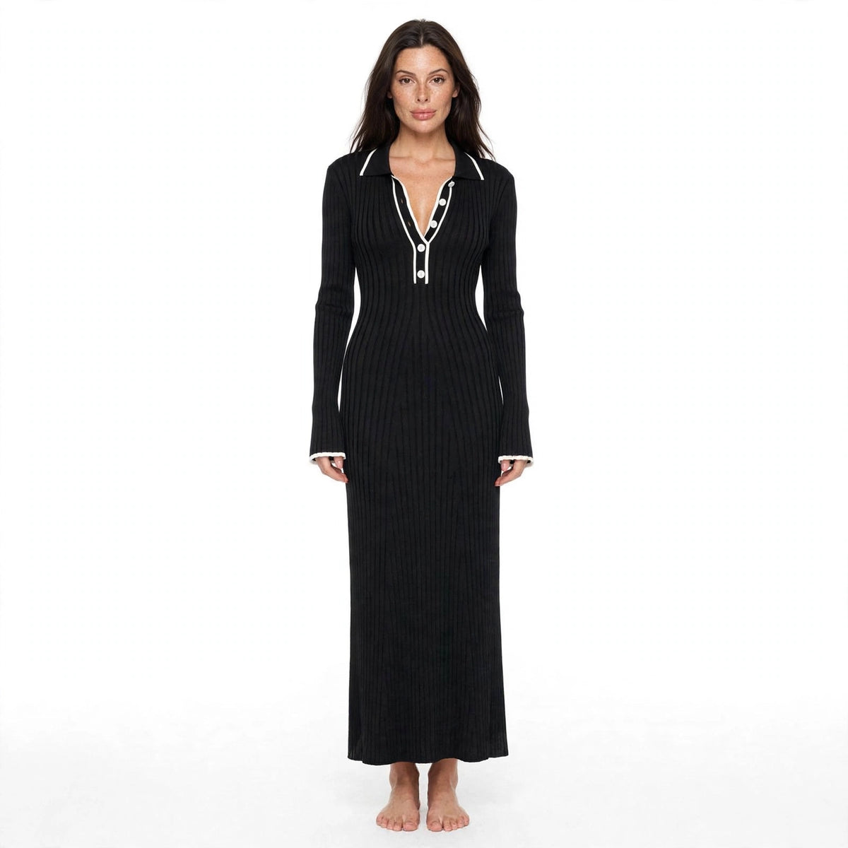 Rosalind Kingsley | Ribbed Knit Midi Dress With Contrast Trim
