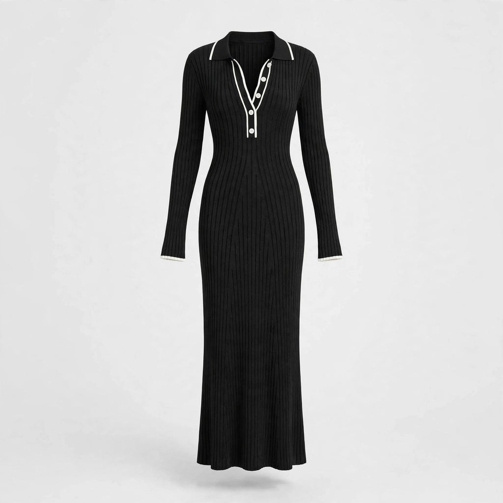 Rosalind Kingsley | Ribbed Knit Midi Dress With Contrast Trim