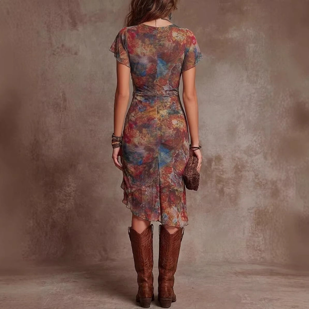 Olivia Pryce | Printed Ruched Midi Dress With Thigh Slit