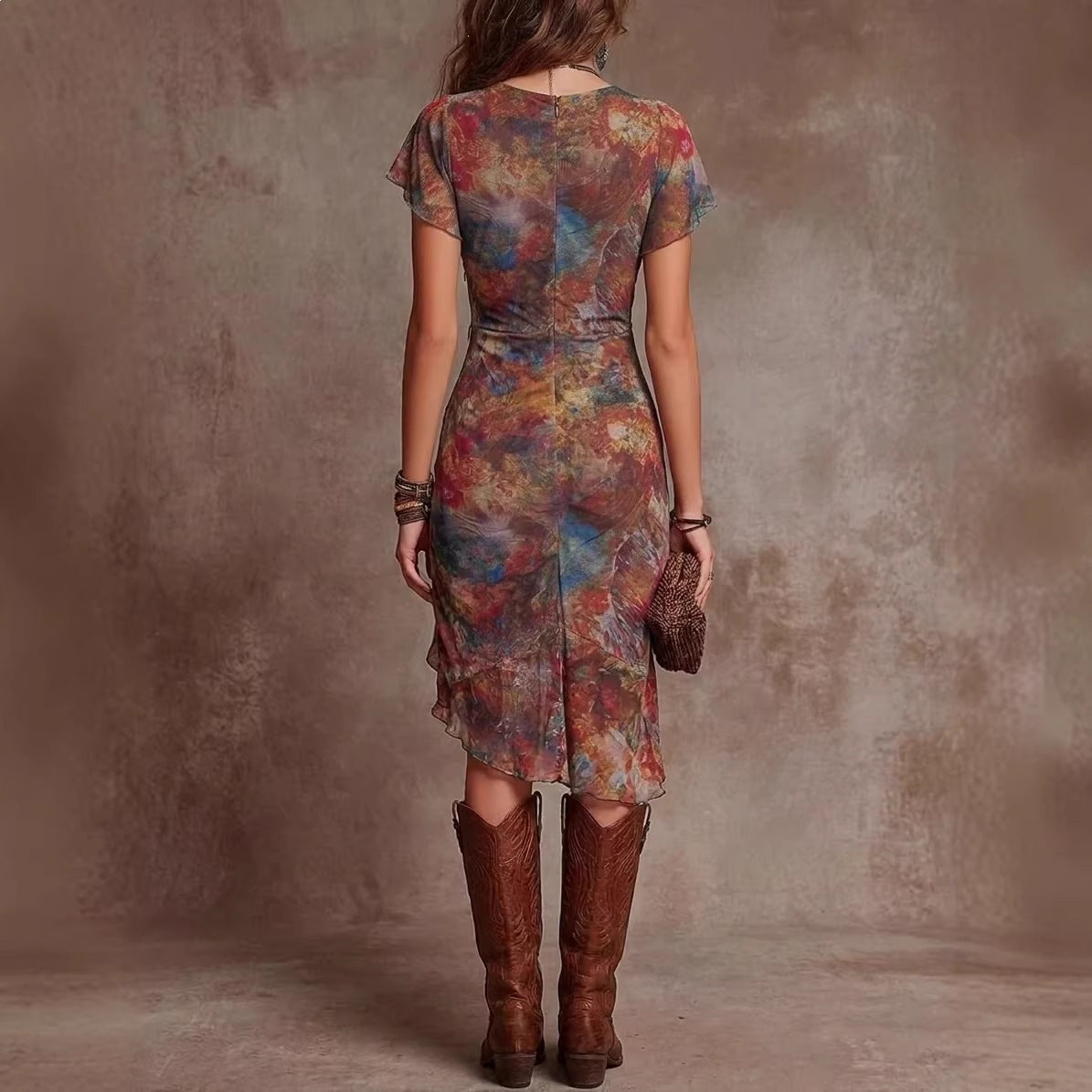 Olivia Pryce | Printed Ruched Midi Dress With Thigh Slit