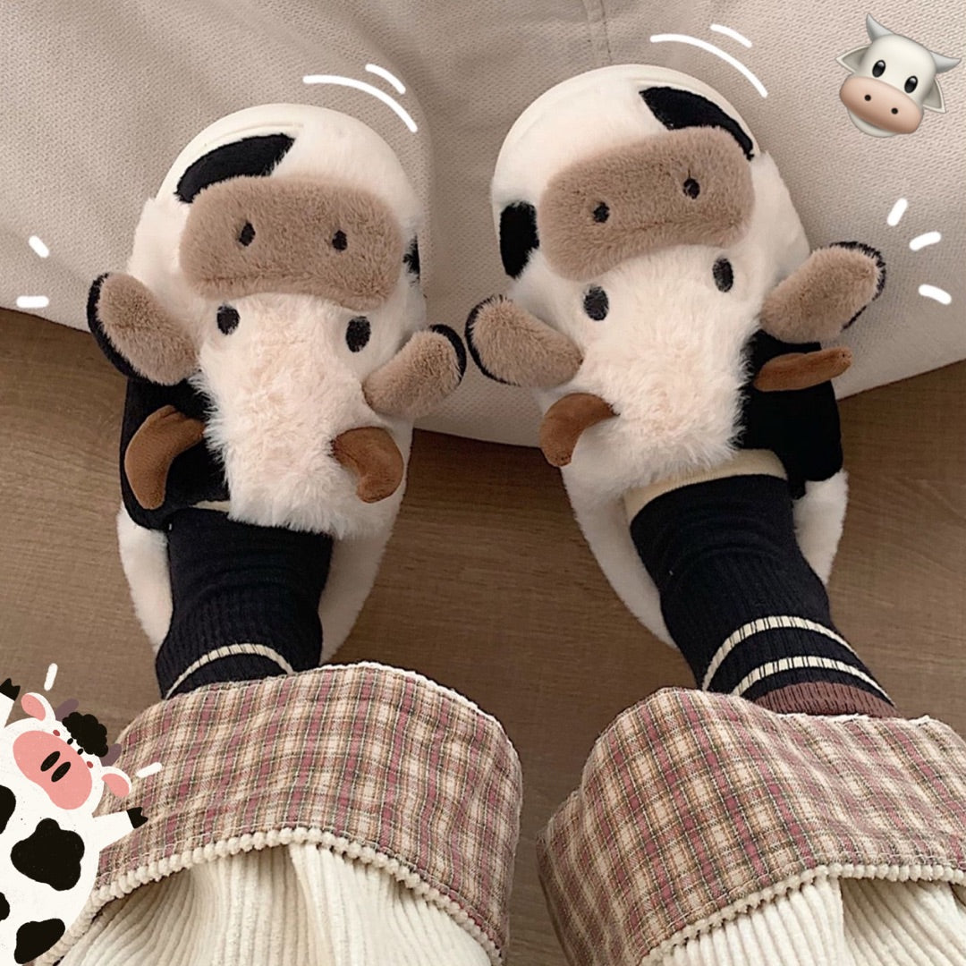 Millicent Hill | Cosy Cow Print Plush Slippers