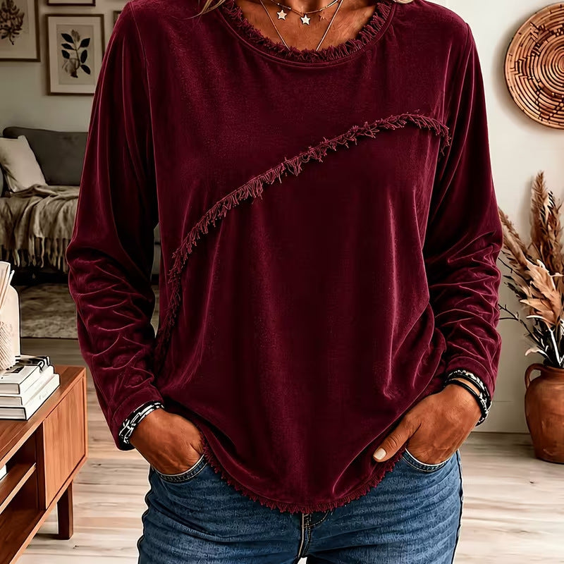 Isobel Grantham | Velvet Tassel Trim Round Neck Long Sleeve Top