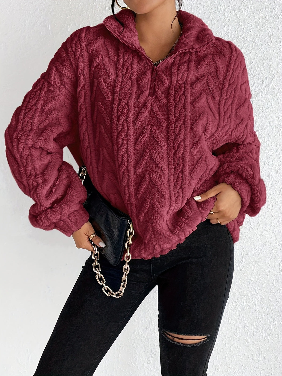 Cordelia Blackwood | Cable-Knit Fleece Half-Zip Pullover