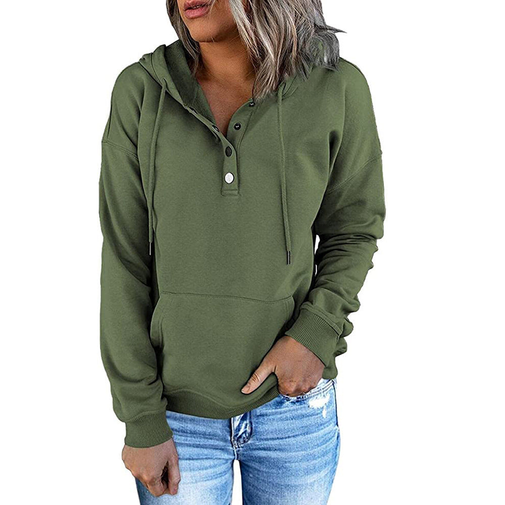 Hattie Marsh | Blue Hooded Button Drawstring Sweatshirt For Women