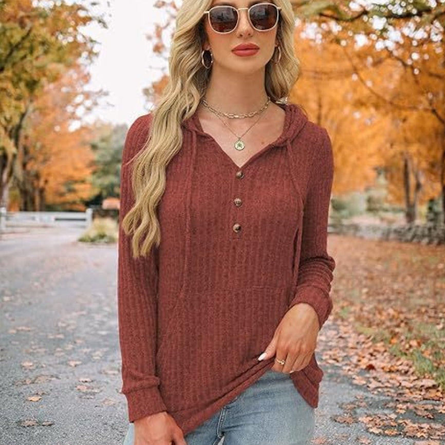 Priscilla Hawthorne | Ribbed Knit Button-Up Hoodie Sweater