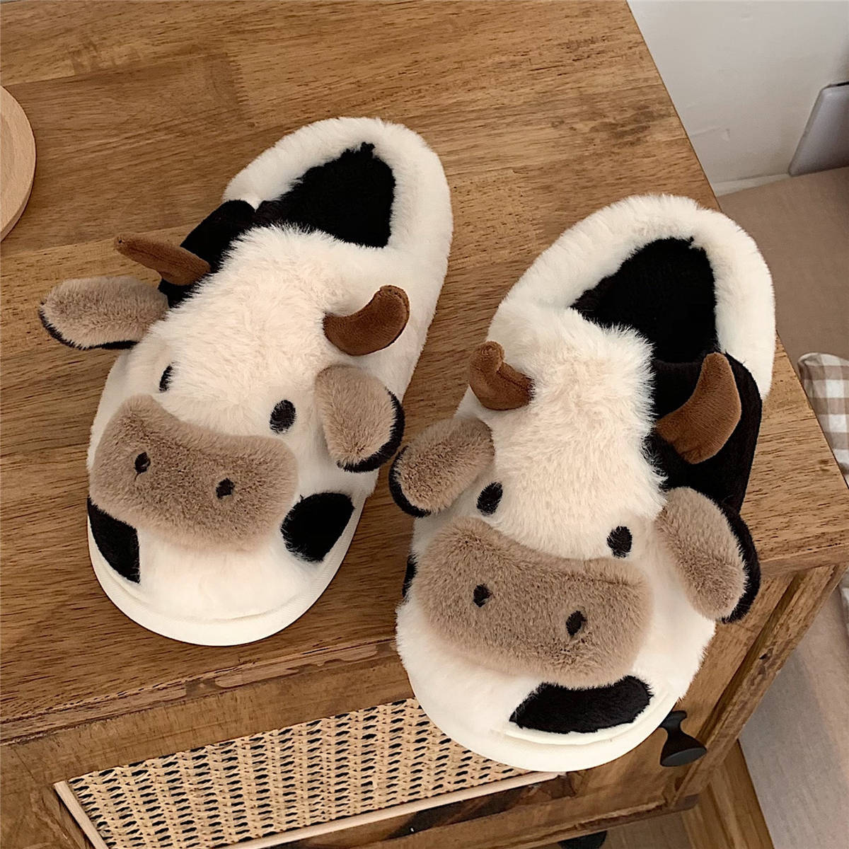 Millicent Hill | Cosy Cow Print Plush Slippers