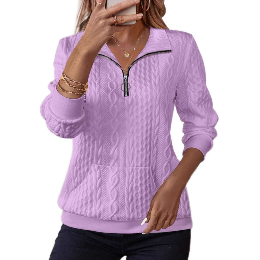 Ophelia Marchbanks | Half-Zip Cable-Knit Pullover with Turn-Down Collar