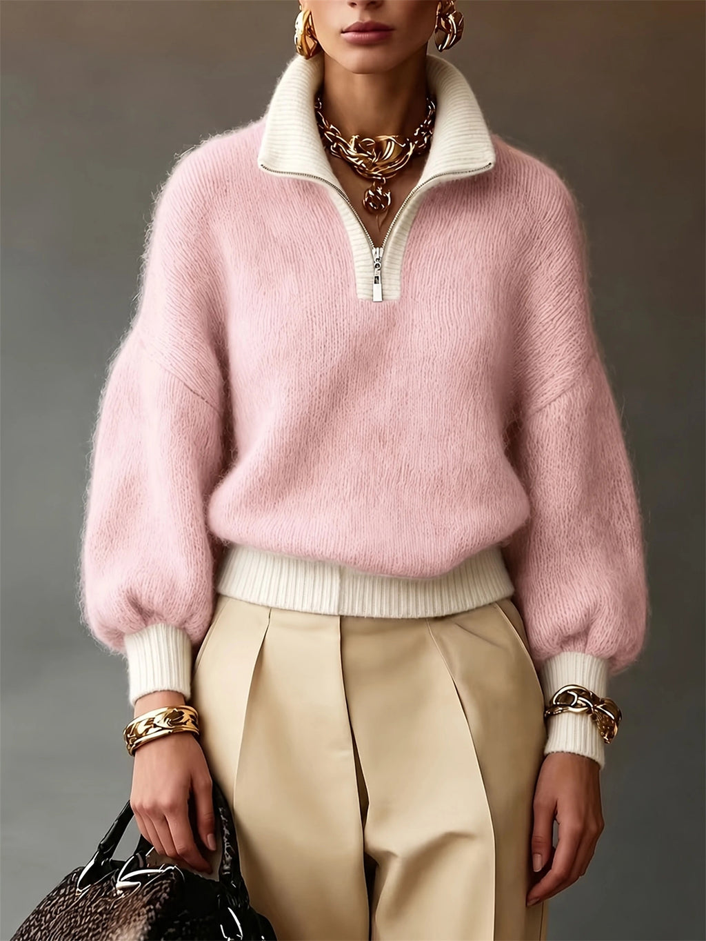 Sophie Davies | Lilac Quarter-Zip Balloon Sleeve Sweater