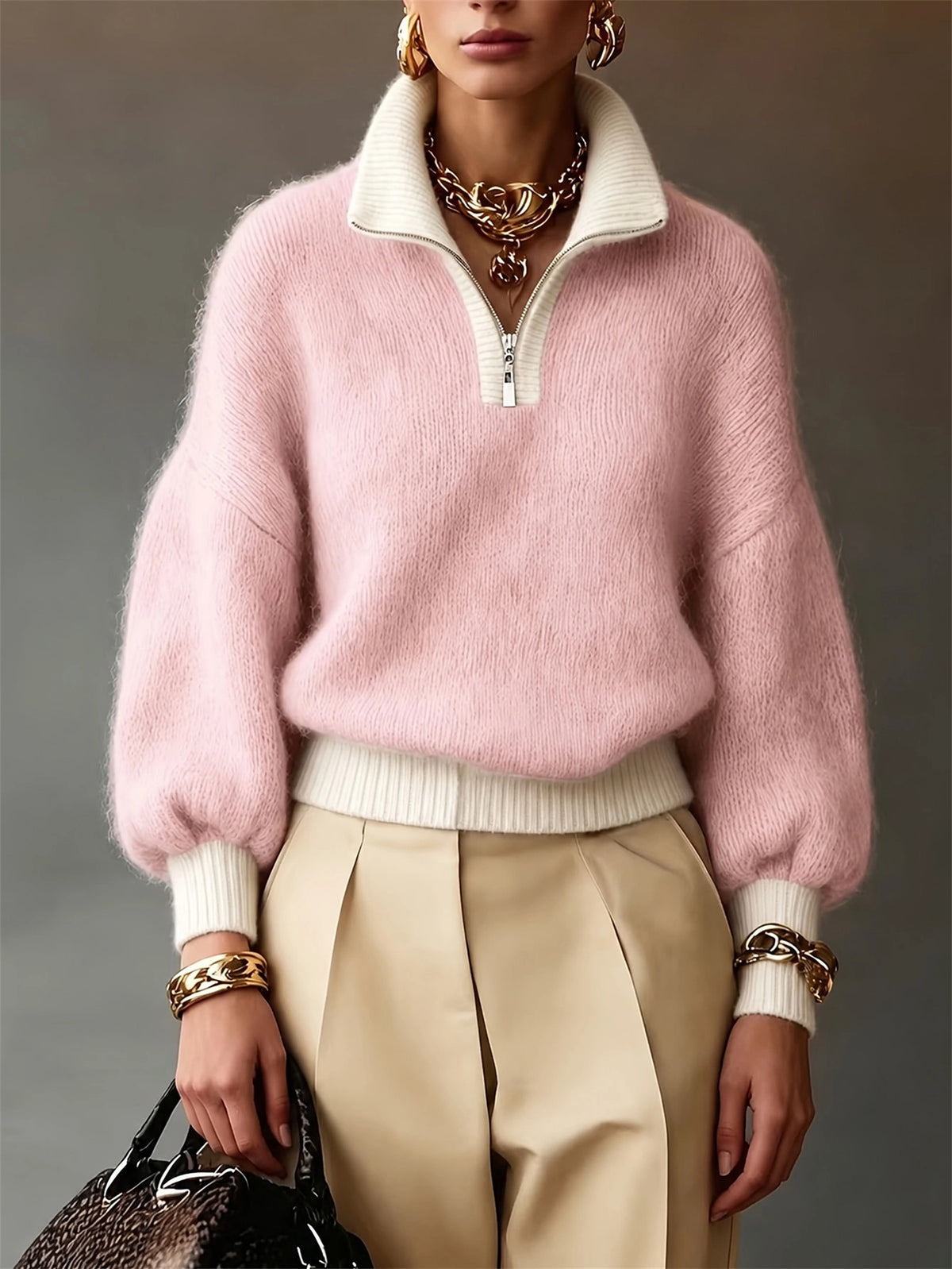 Sophie Davies | Lilac Quarter-Zip Balloon Sleeve Sweater
