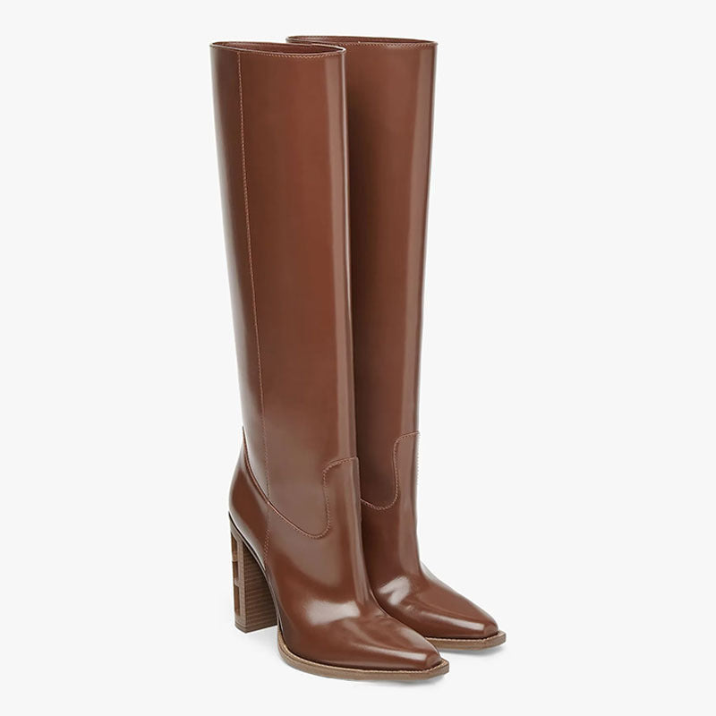 Ottilie Marsh | Chunky Heel Knee-High Boots in Tan Leather