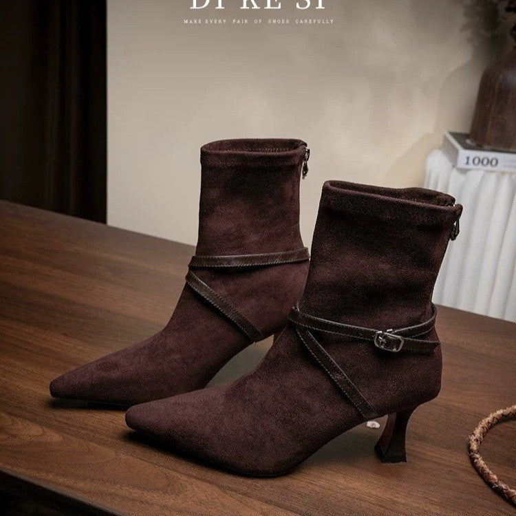 Eleanor Pargeter | Suede Stiletto Ankle Boots With Buckle Strap