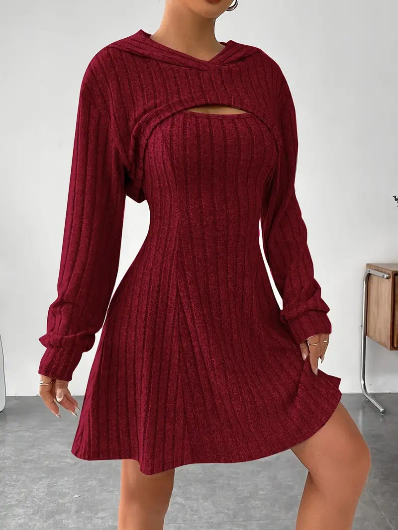 Verity Jones | Ribbed Knit Hooded Mini Dress with Layered Vest