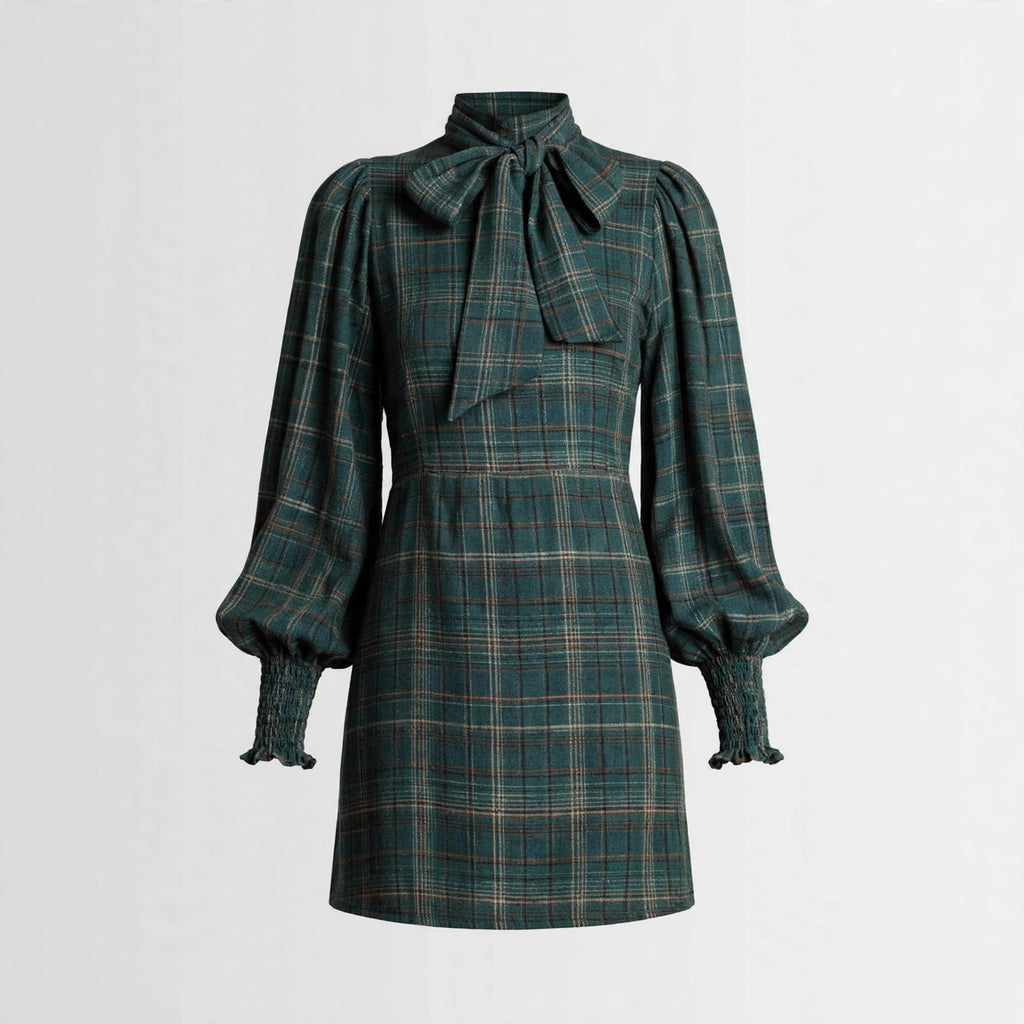 Edith Colston | Bow-Neck Plaid Mini Dress