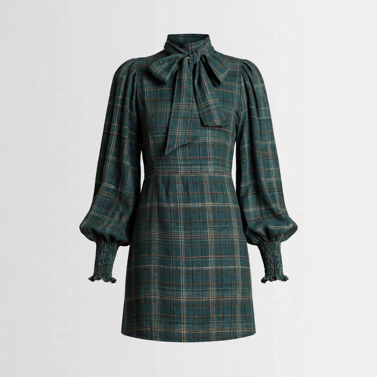 Edith Colston | Bow-Neck Plaid Mini Dress