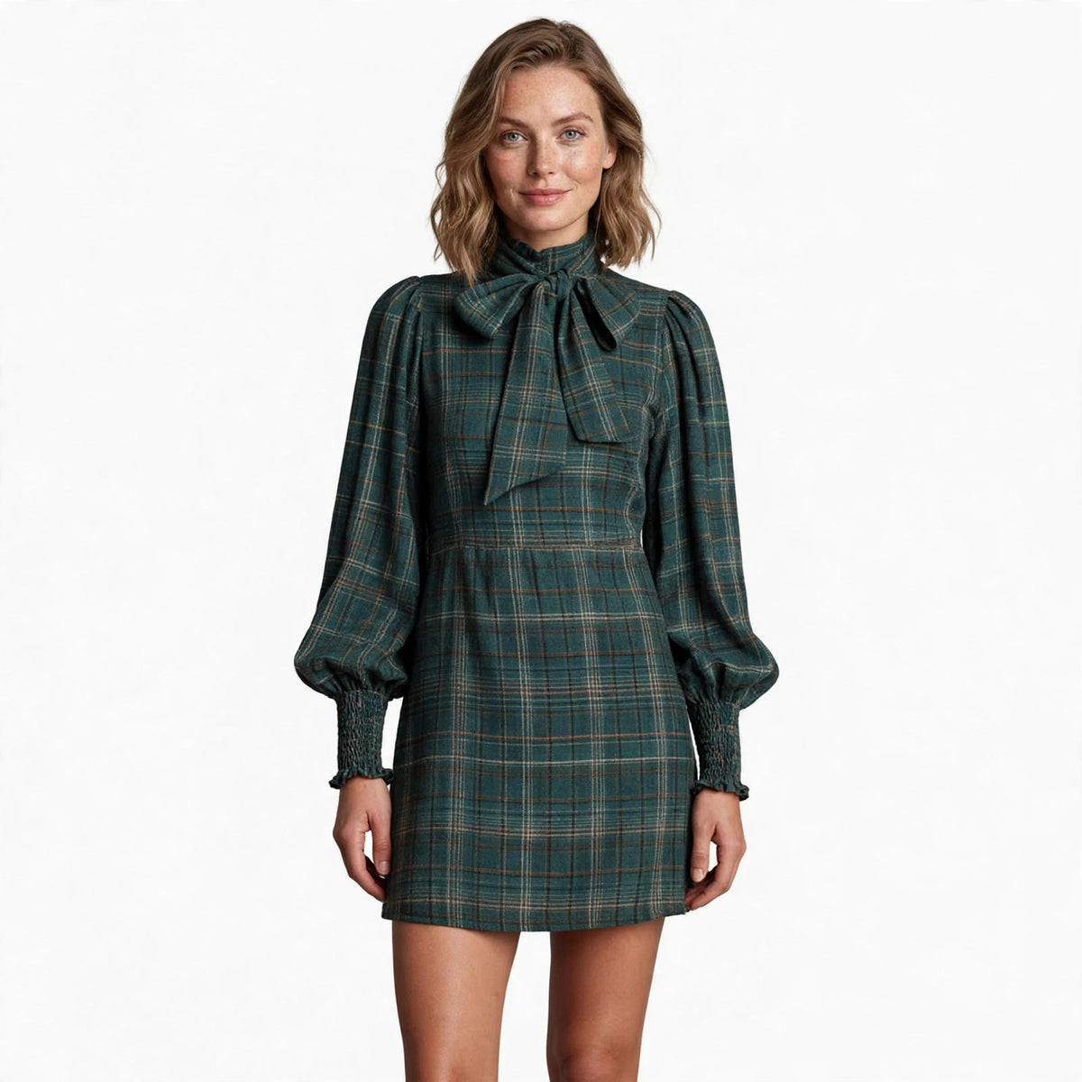 Edith Colston | Bow-Neck Plaid Mini Dress