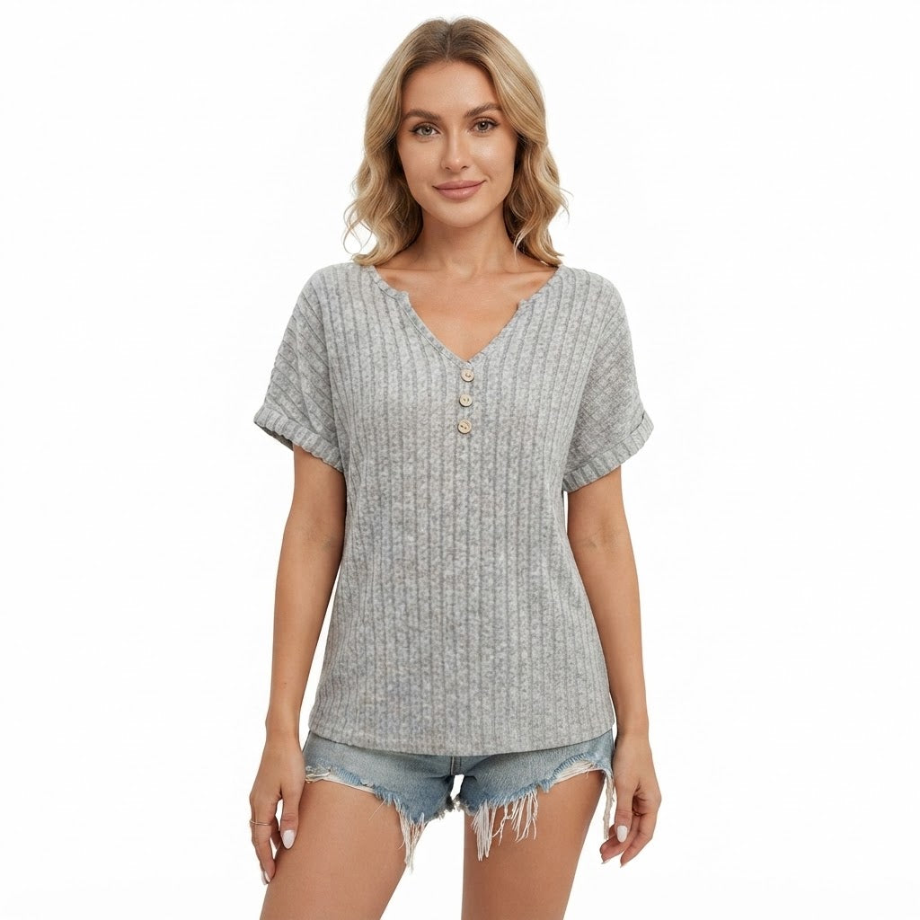 Beatrix Hollingsworth | Ribbed Knit V-Neck Button Top