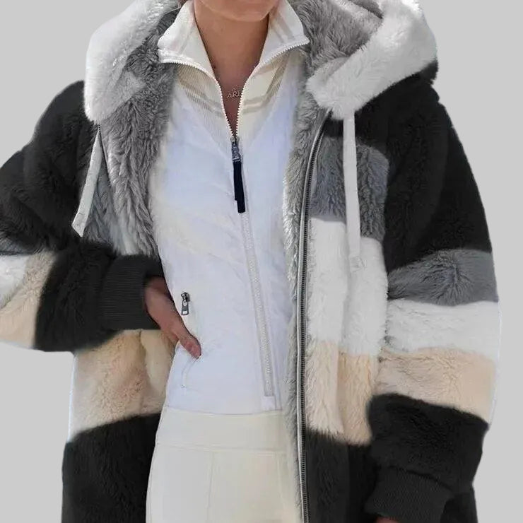 Hooded Winter Jacket with Full Zip Front and Colour Block Design