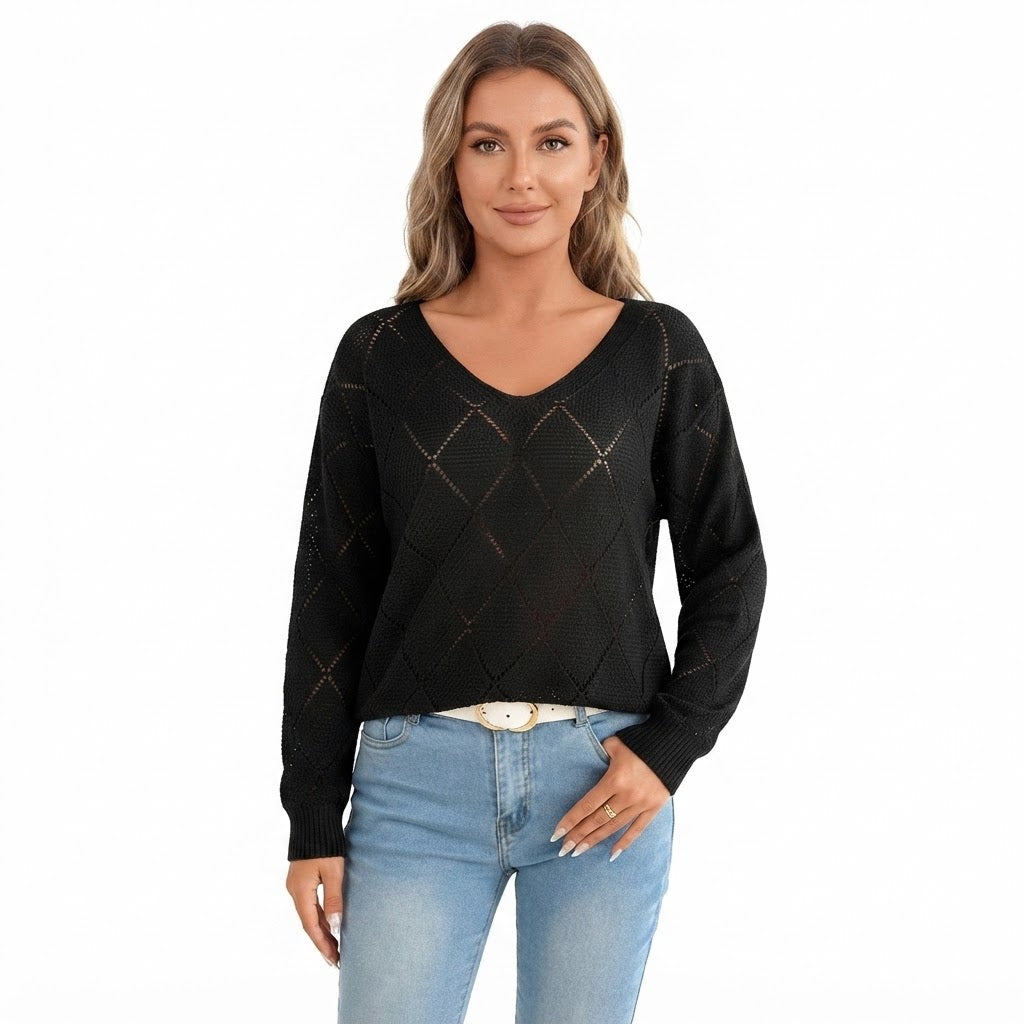 Bridget Whitfield | Orange Crochet Cutout V-Neck Sweater