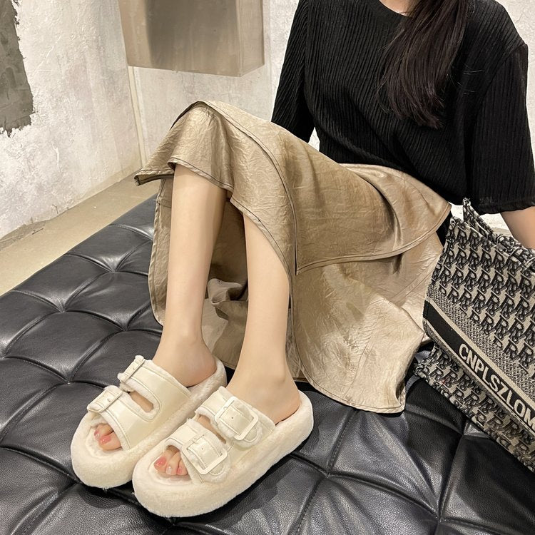 Freya Whitmore | Plush Faux Fur Slippers With Buckle Detail