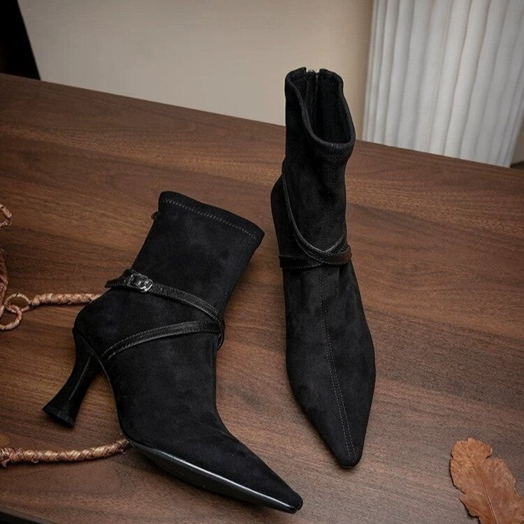 Eleanor Pargeter | Suede Stiletto Ankle Boots With Buckle Strap