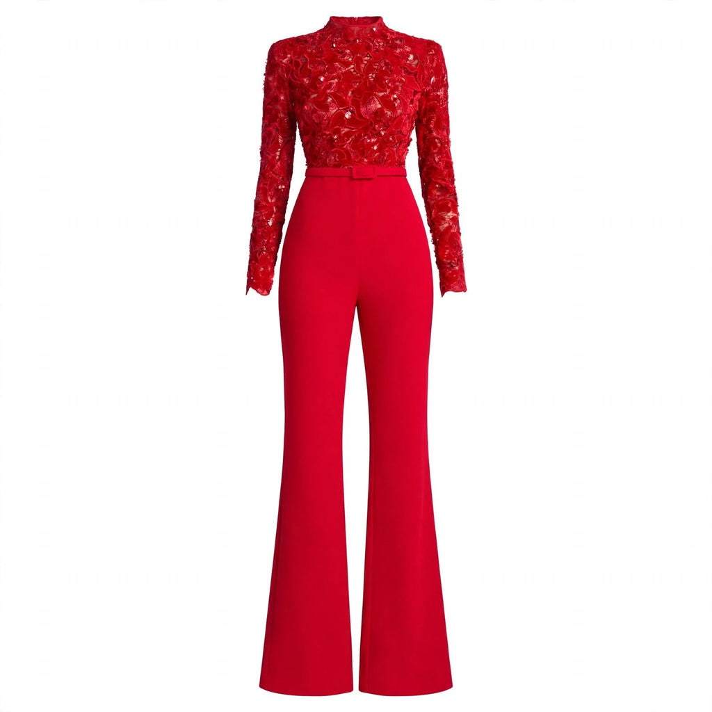 Ottilie Fanshawe | Belted Lace-Top Flared Jumpsuit