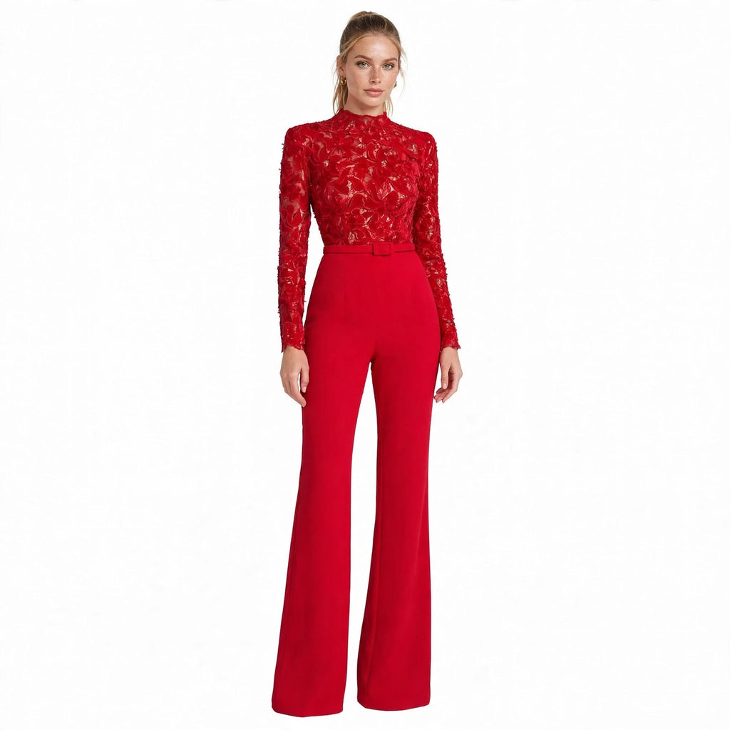 Ottilie Fanshawe | Belted Lace-Top Flared Jumpsuit