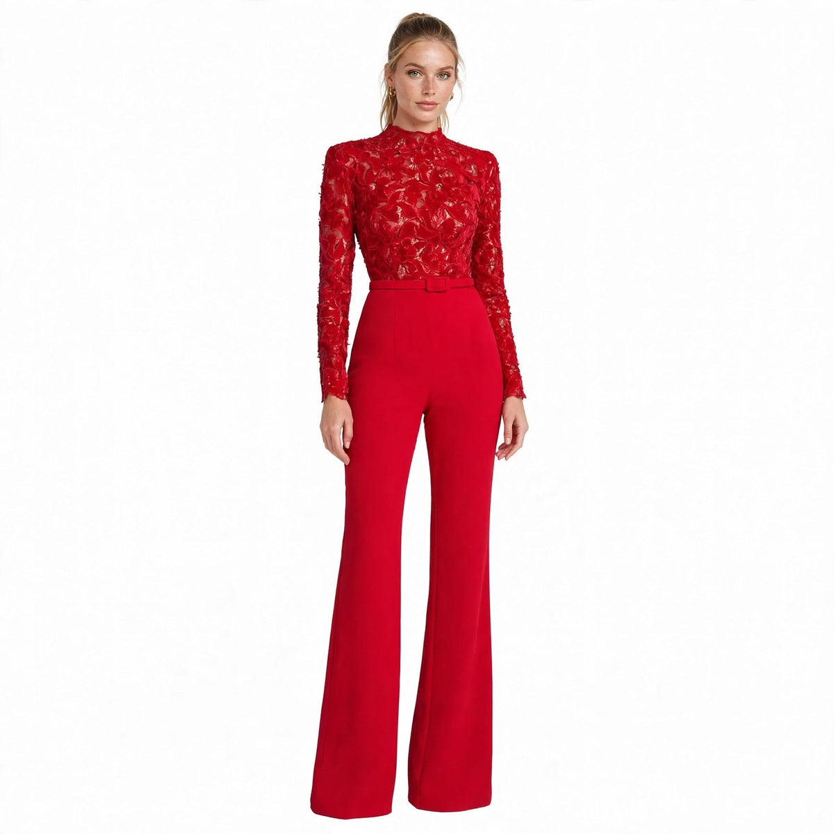Ottilie Fanshawe | Belted Lace-Top Flared Jumpsuit