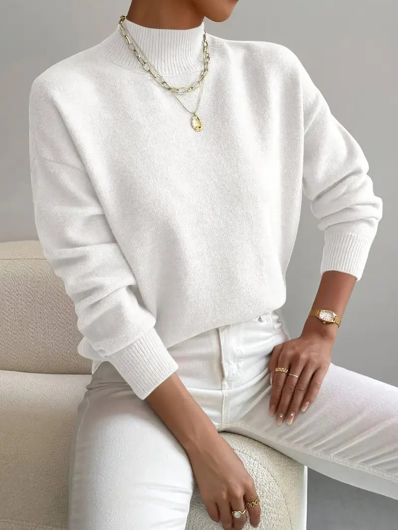 Rosalind Carver | White Mock Neck Knit Pullover Sweater