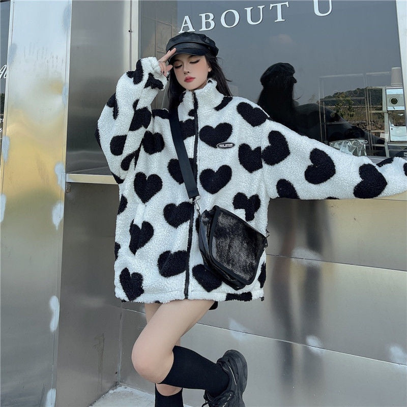 Verity Green | Heart Print Fleece Teddy Coat
