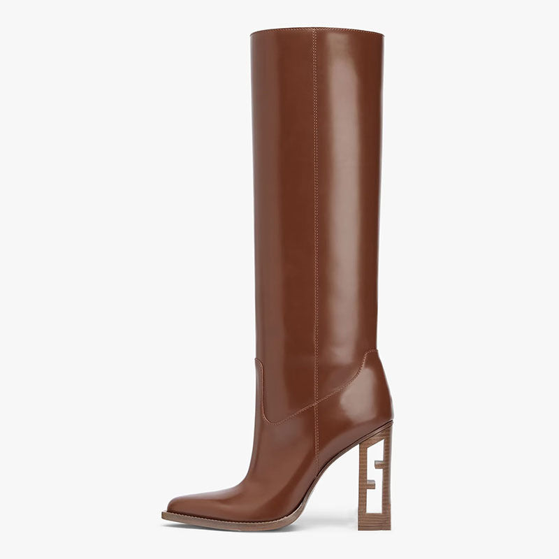 Ottilie Marsh | Chunky Heel Knee-High Boots in Tan Leather