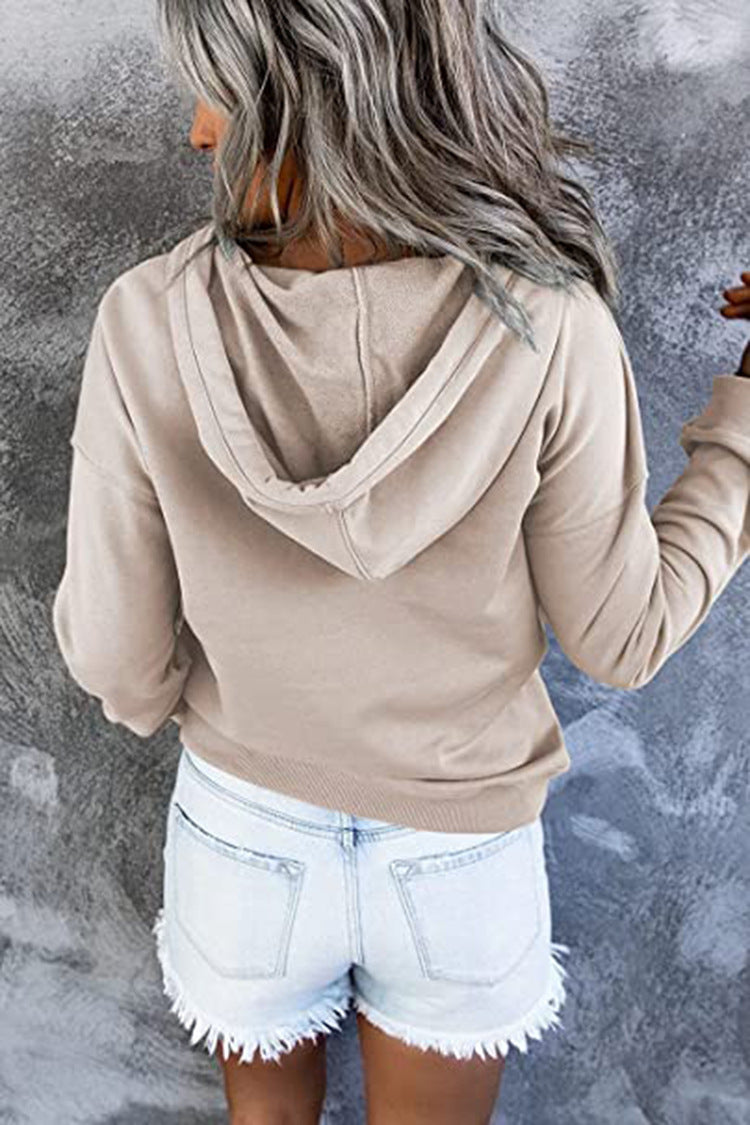 Hattie Marsh | Blue Hooded Button Drawstring Sweatshirt For Women