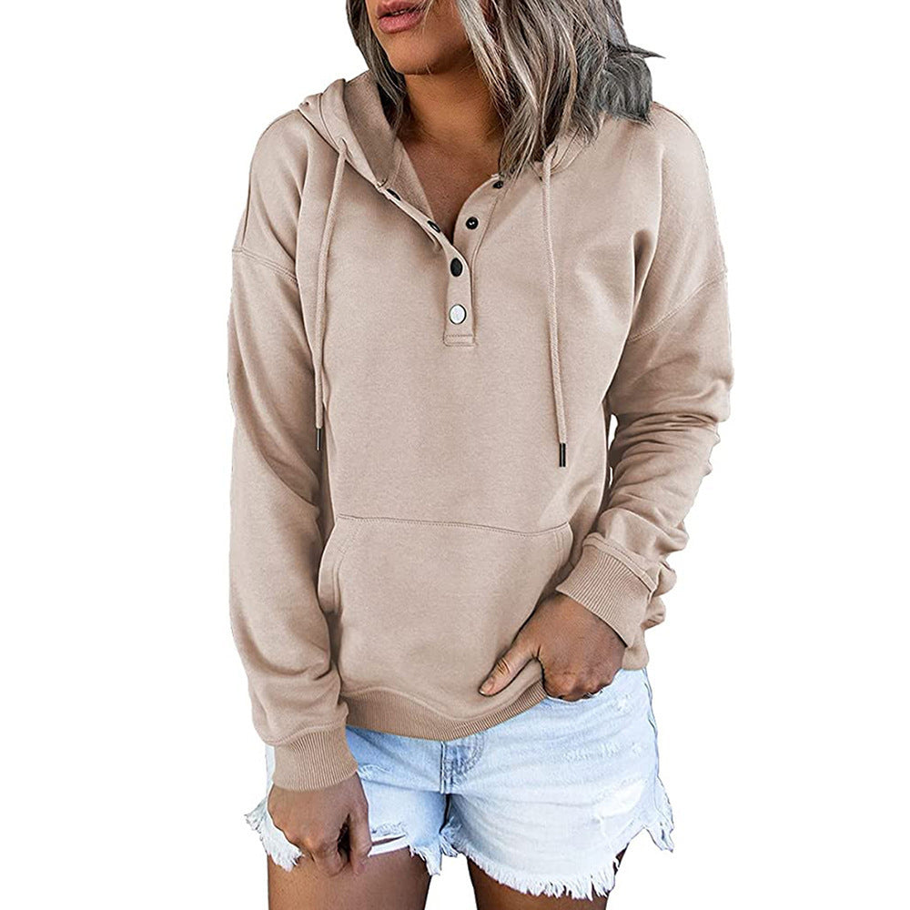 Hattie Marsh | Blue Hooded Button Drawstring Sweatshirt For Women