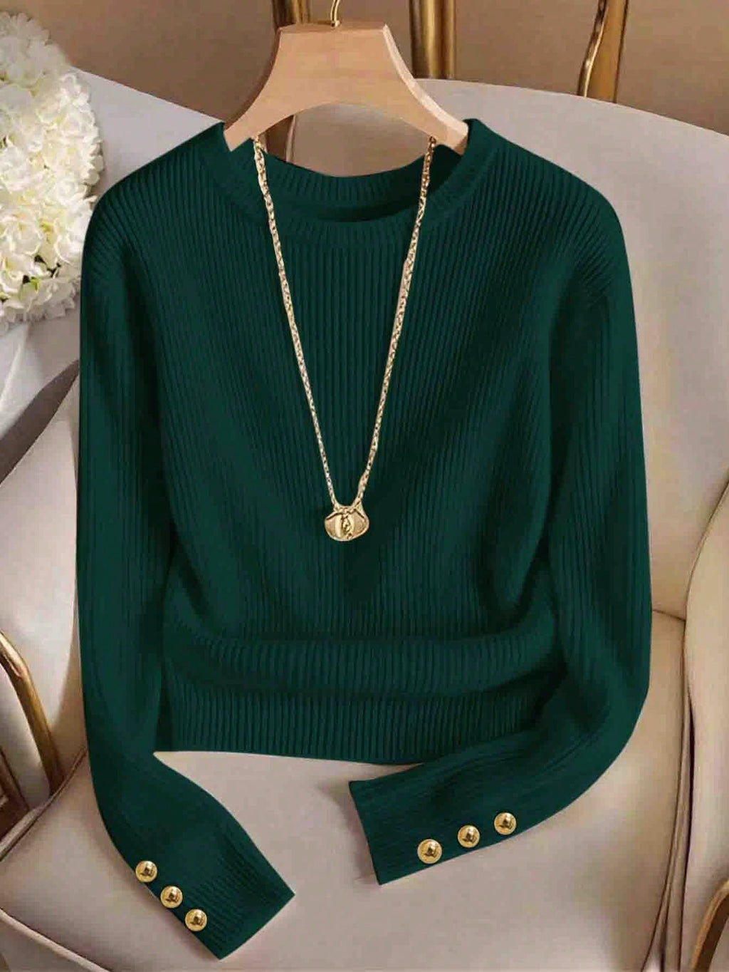 Rosamund Fairweather | Ribbed Knit Long-Sleeve Top with Gold Button Cuffs