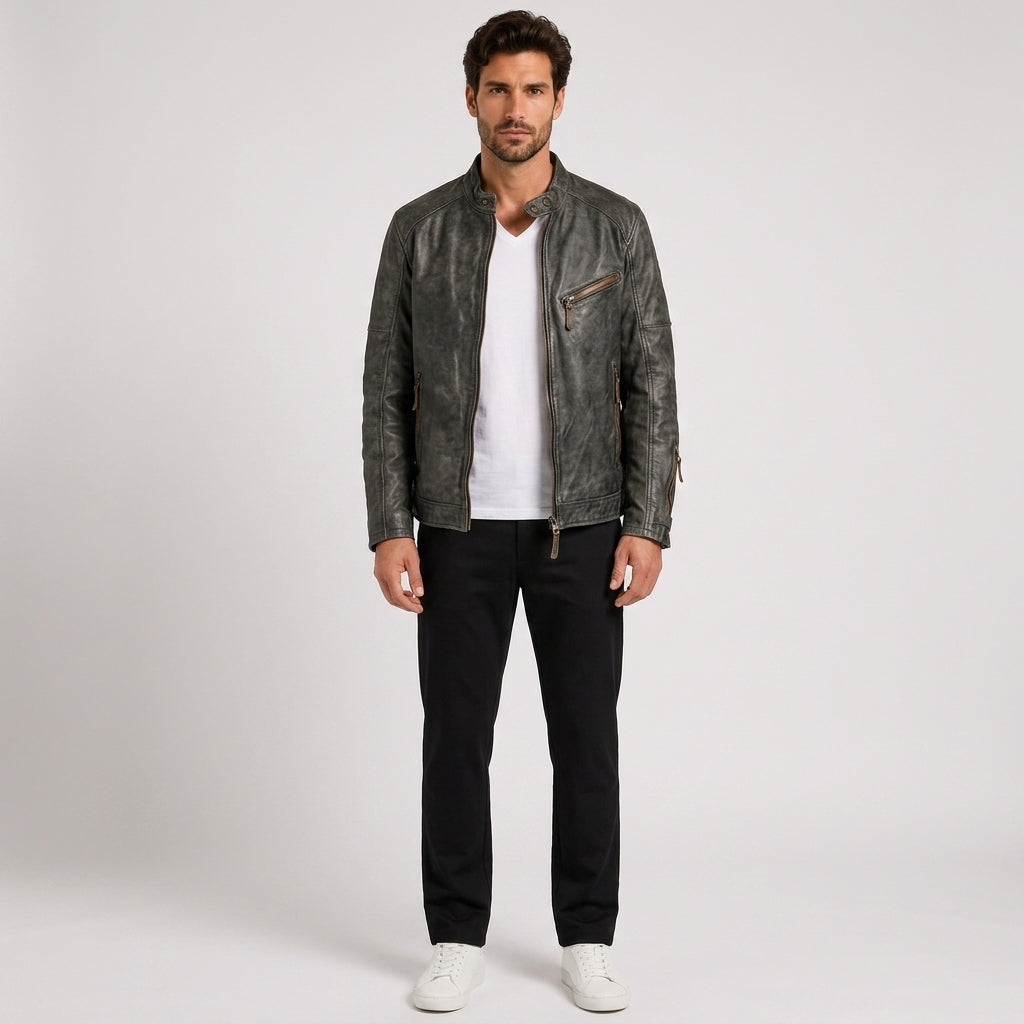 Callum Wright | Stand Collar PU Leather Jacket for Men - Black