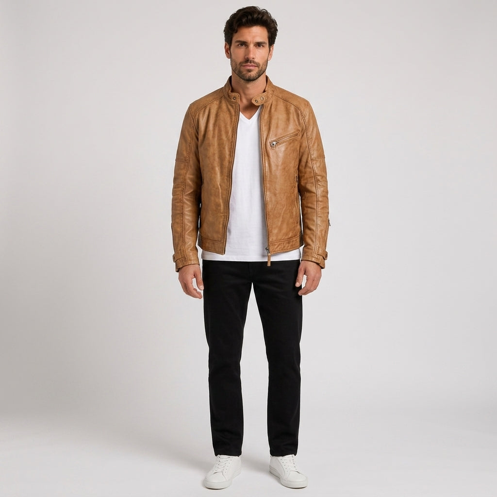 Callum Wright | Stand Collar PU Leather Jacket for Men - Dark Brown