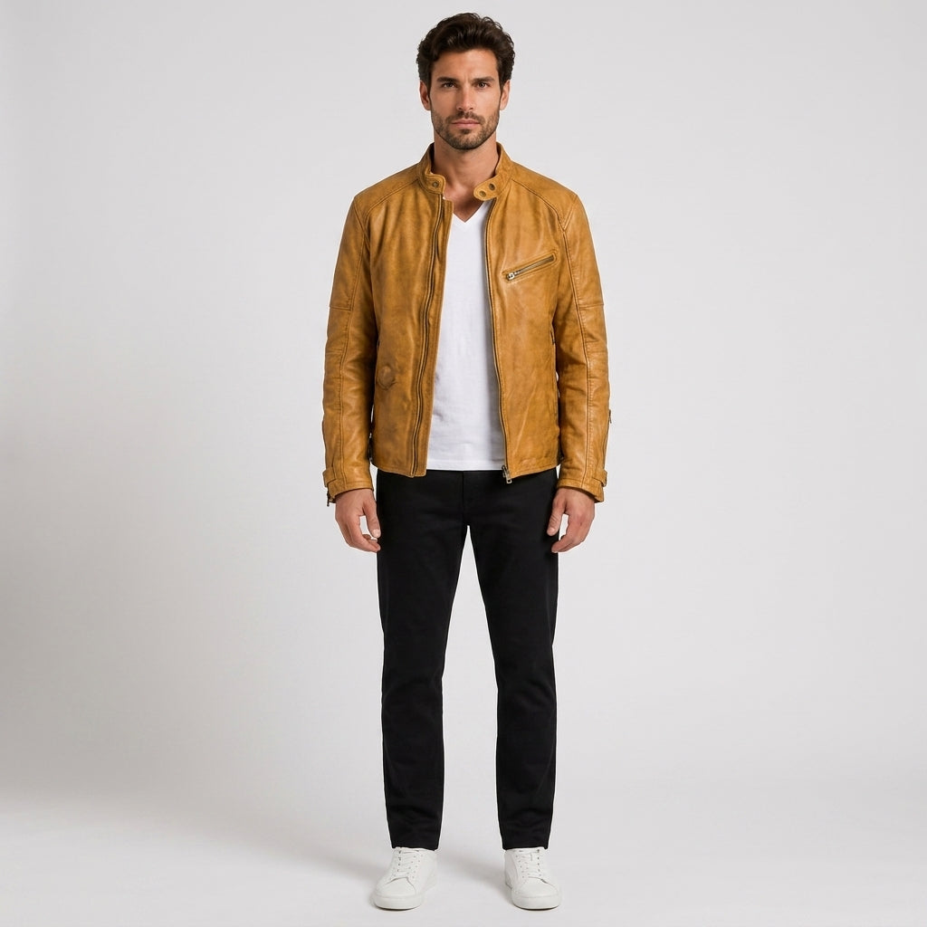 Callum Wright | Stand Collar PU Leather Jacket for Men - Light Brown