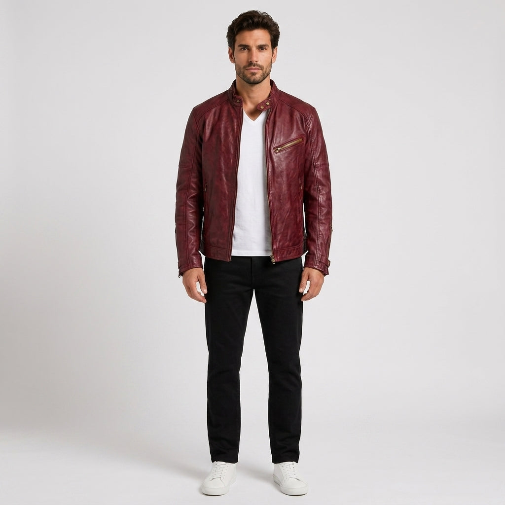 Callum Wright | Stand Collar PU Leather Jacket for Men - Red