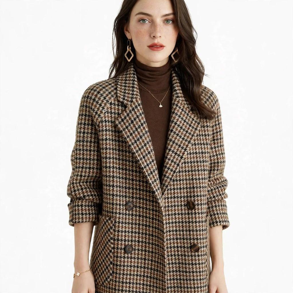 Clemency Hartwell | Houndstooth Pea Coat With Double-Breasted Design