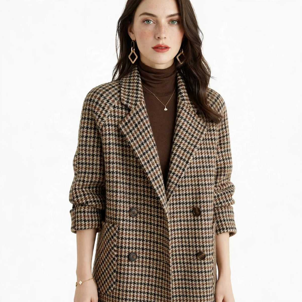 Clemency Hartwell | Houndstooth Pea Coat With Double-Breasted Design