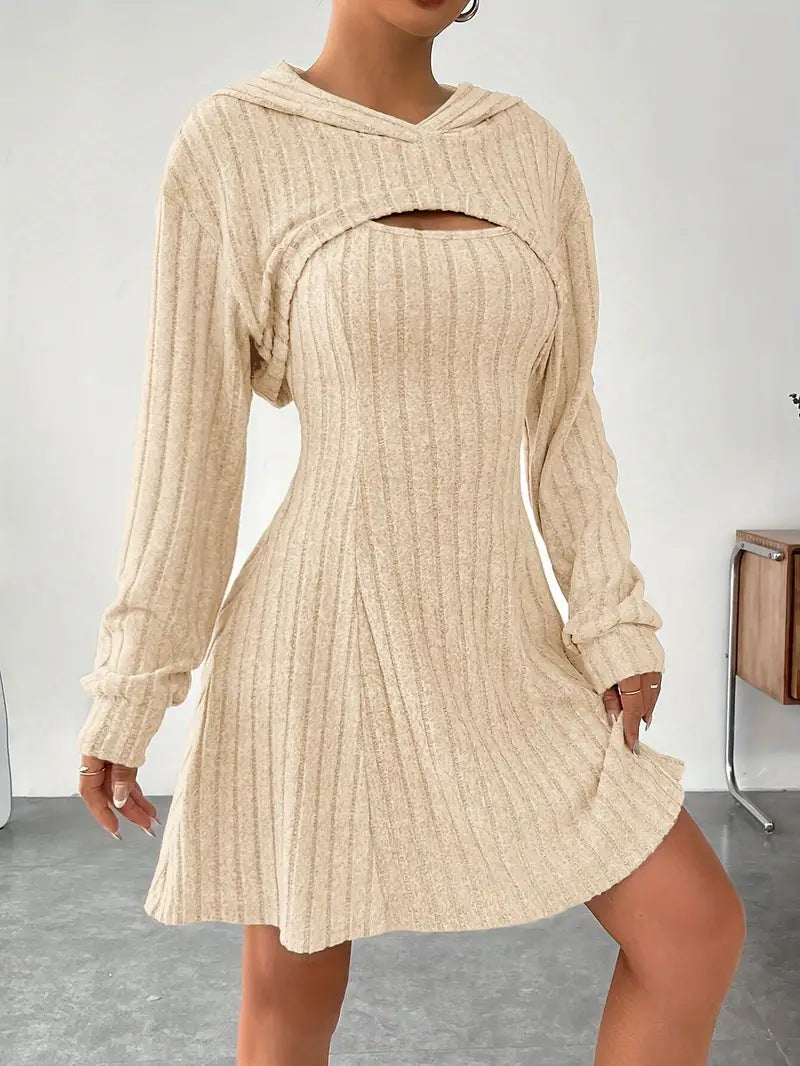 Verity Jones | Ribbed Knit Hooded Mini Dress with Layered Vest