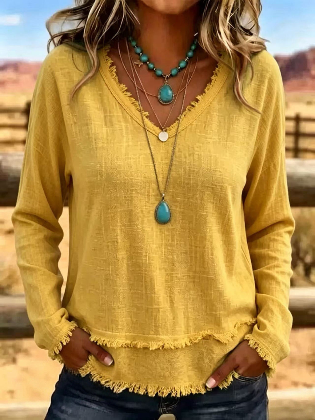 Margot Ainsley | Frayed V-Neck Long Sleeve Top
