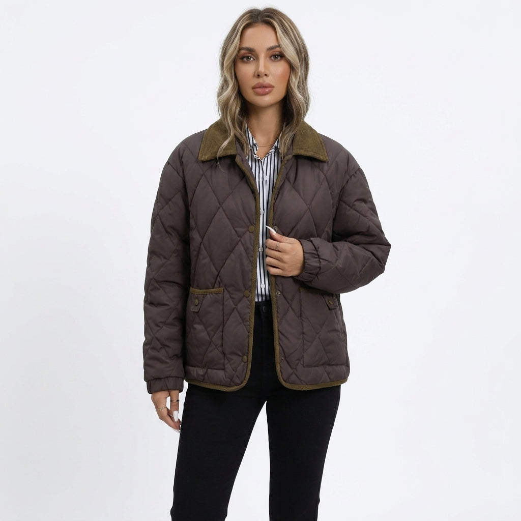Cecily Evans | Quilted Diamond Puffer Coat with Lapel Collar