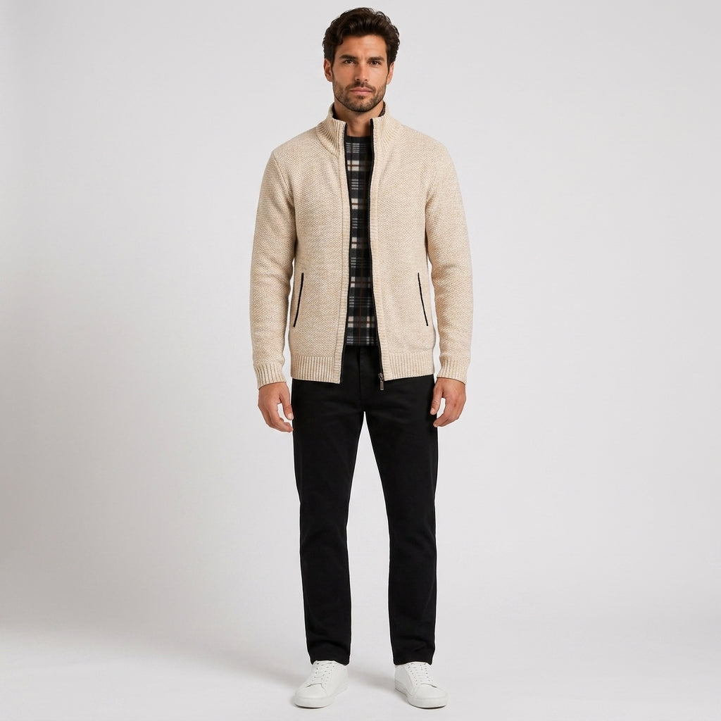 Charles White | Fleece-Lined Zip Sweater With Stand Collar - Beige