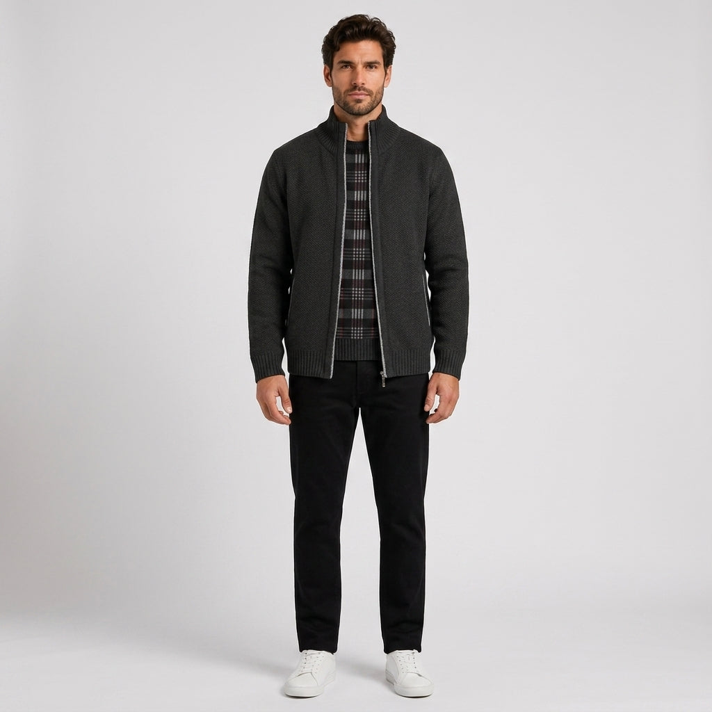Charles White | Fleece-Lined Zip Sweater With Stand Collar - Black