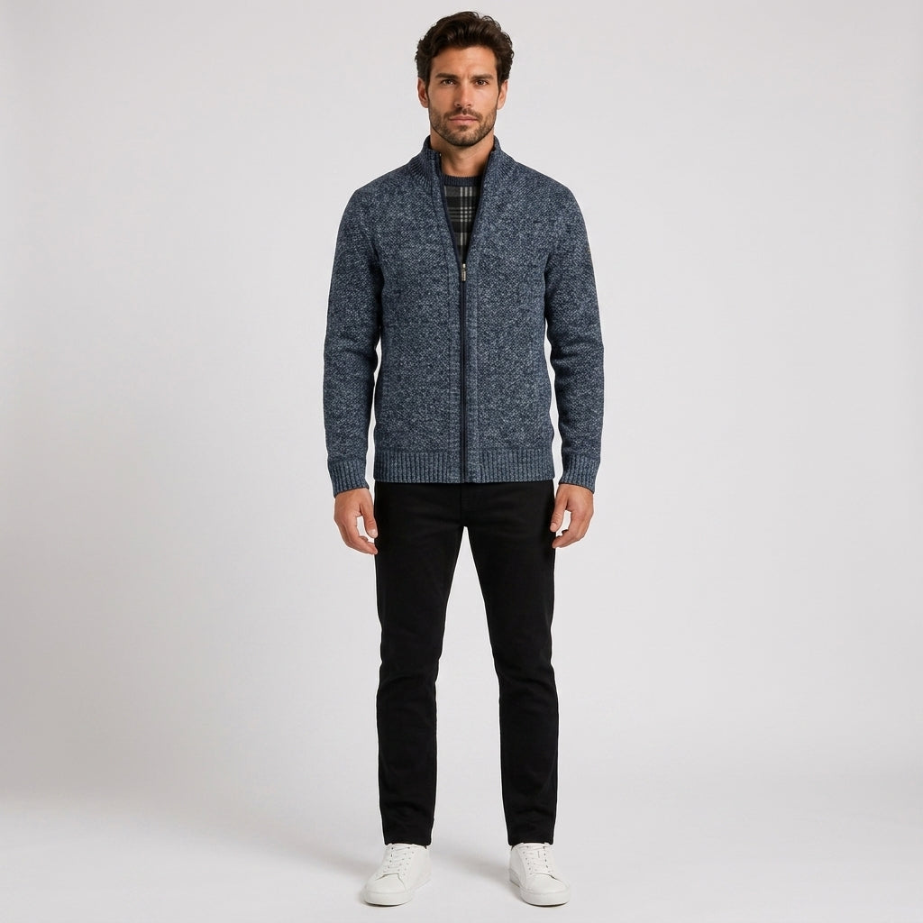 Charles White | Fleece-Lined Zip Sweater With Stand Collar - Blue grey