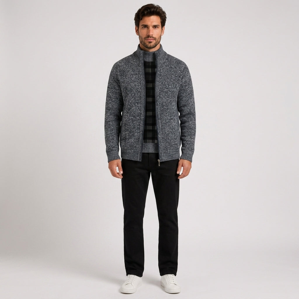 Charles White | Fleece-Lined Zip Sweater With Stand Collar - Dark grey