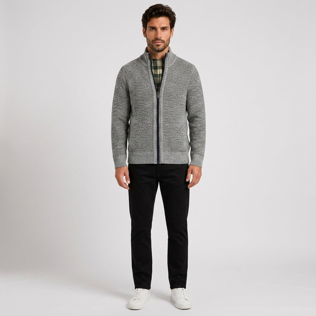 Charles White | Fleece-Lined Zip Sweater With Stand Collar - Light grey